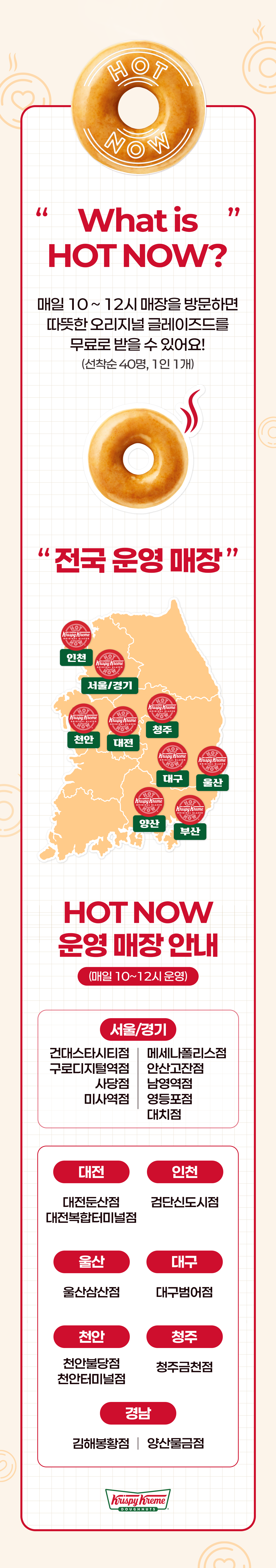 What is HOT NOW? 
매일 10 ~ 12시 매장을 방문하면 따뜻한 오리지널 글레이즈드를 무료로 받을 수 있어요!
(선착순 40명, 1인 1개)

"전국 운영 매장"

서울/경기
건대스타시티점, 안산고잔점, 구로디지털역점, 사당점, 남영역점, 영등포점, 미사역점, 대치점, 메세나폴리스점

대전
대전둔산점, 대전복합터미널점

인천
검단신도시점

울산
울산삼산점

대구
대구범어점

부산
김해봉황점

양산
양산물금점

천안
천안불당점

청주
청주금천점