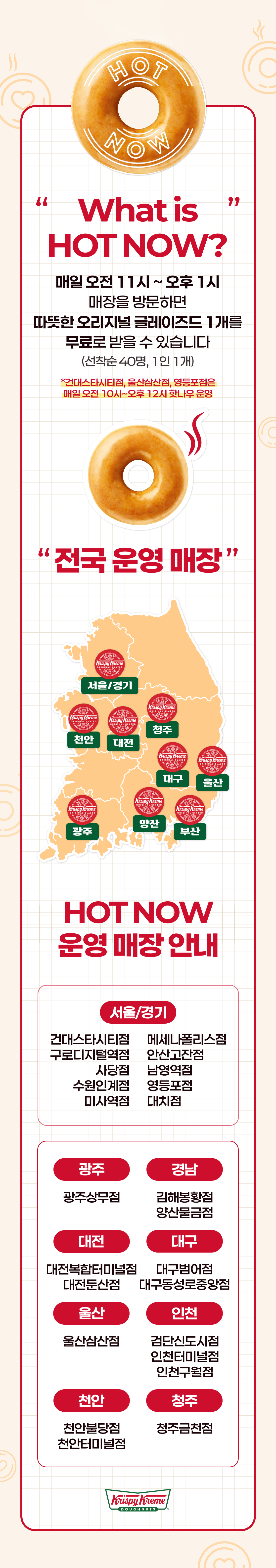 What is HOT NOW? 
매일 11 ~ 13시 매장을 방문하면 따뜻한 오리지널 글레이즈드를 무료로 받을 수 있어요!
(선착순 40명, 1인 1개)
*건대스타시티점, 울산삼산점, 영등포점은
매일 오전 10시 ~ 12시 핫나우 운영

"전국 운영 매장"

서울/경기
건대스타시티점, 안산고잔점, 구로디지털역점, 사당점, 남영역점, 영등포점, 미사역점, 대치점, 메세나폴리스점, 수원인계점

대전
대전둔산점, 대전복합터미널점

인천
검단신도시점, 인천터미널점, 인천구월점

울산
울산삼산점

대구
대구범어점, 대구동성로중앙점

경남
김해봉황점, 양산물금점

천안
천안불당점, 천안터미널점

청주
청주금천점 아래 상세내용 참고